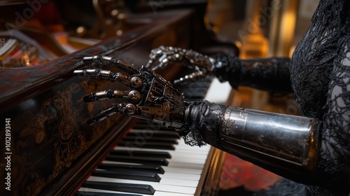 A detailed close-up of robotic hands playing a grand piano. The fusion of mechanical precision and musical artistry creates a powerful visual, highlighting the blend of advanced robotics and classical