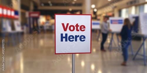 vote here sign with voting booth with people casting their vote on blur background