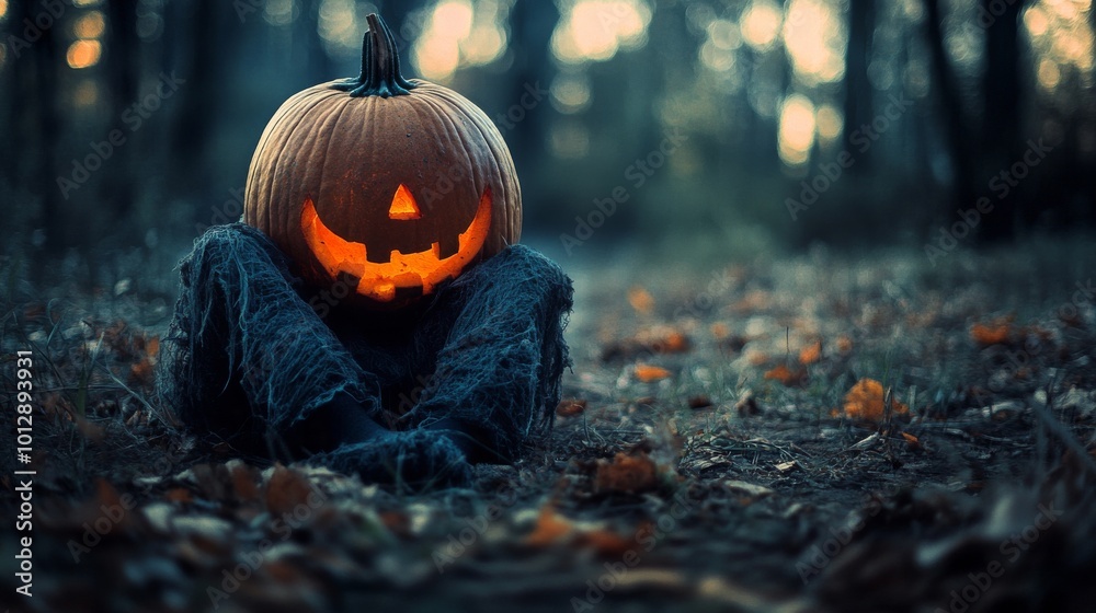 Naklejka premium A glowing jack-o'-lantern sits eerily in the middle of a dark forest, creating a haunting atmosphere with its sinister grin. Perfect for Halloween, horror, or eerie designs with a focus on mystery and