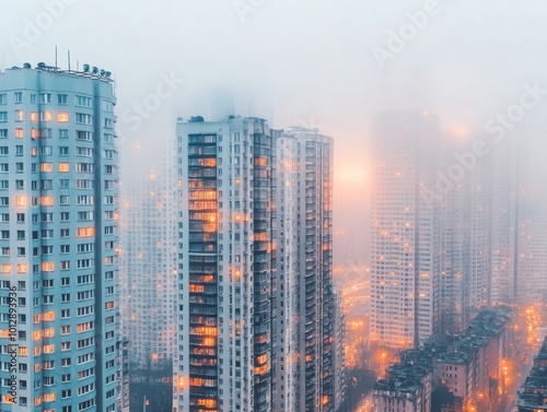 Spooky apartment building with pumpkins glowing from every balcony eerie mist rising from the street below