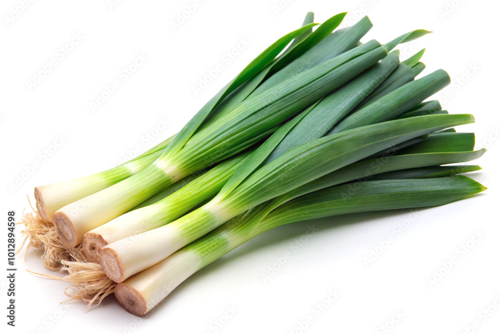 Herbal leek stems and leaves, isolated on white background Herbal leek stems and leaves, isolated on white background