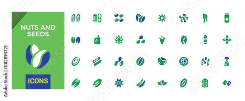 Nuts, seeds icon set. Solid two tone color style icons. Plant based diet ingredients. Solid Nuts icon collection.