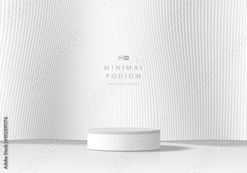 3D round white podium with white vertical wavy wall background. Abstract geometric composition in minimalist design. Studio display showroom stand product pedestal, Fashion stage showcase mockup scene