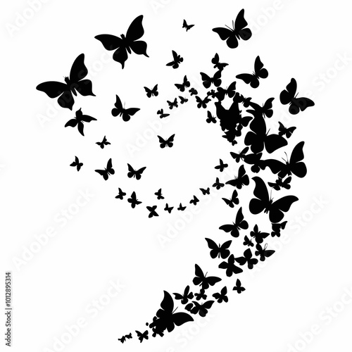 A graceful swarm of black butterflies in silhouette, with various sizes, flying upward in a gentle spiral pattern on a white background. The composition shows a sense of movement and lightness, 