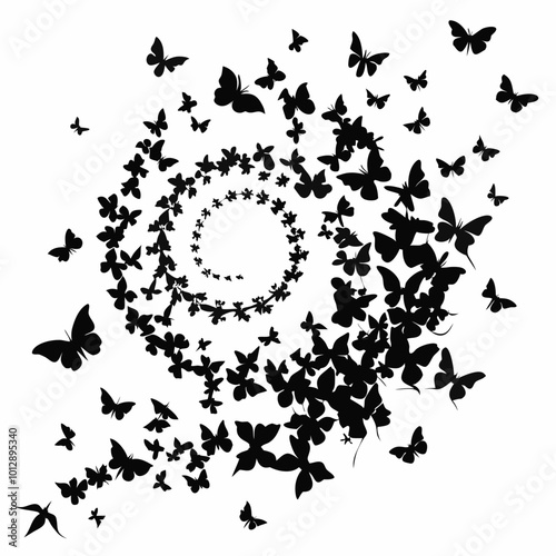 A graceful swarm of black butterflies in silhouette, with various sizes, flying upward in a gentle spiral pattern on a white background. The composition shows a sense of movement and lightness, 