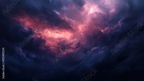 Dramatic storm clouds illuminated by pink and purple hues, creating a moody atmosphere.