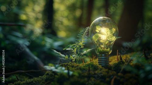 A glowing light bulb surrounded by lush greenery in a tranquil forest setting during early morning light