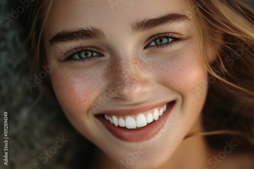 A young woman showcasing her radiant smile with sparkling white teeth