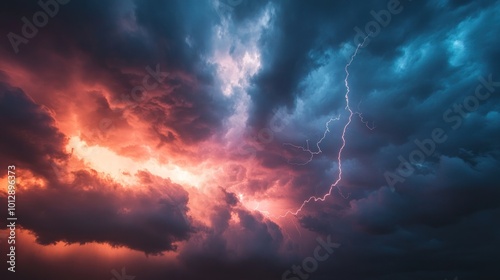 Dramatic storm clouds illuminated by lightning in vibrant colors.