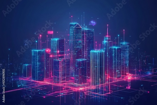 Holograme style 3D model building with dark blue technology background Generative by Ai