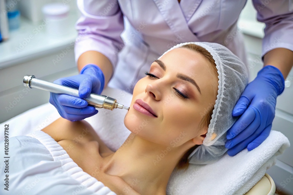 Fototapeta premium A woman is getting a facial treatment with a blue light