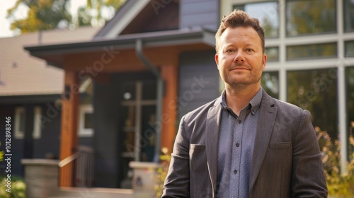 A man in a suit and tie stands in front of a house with a smile on his face