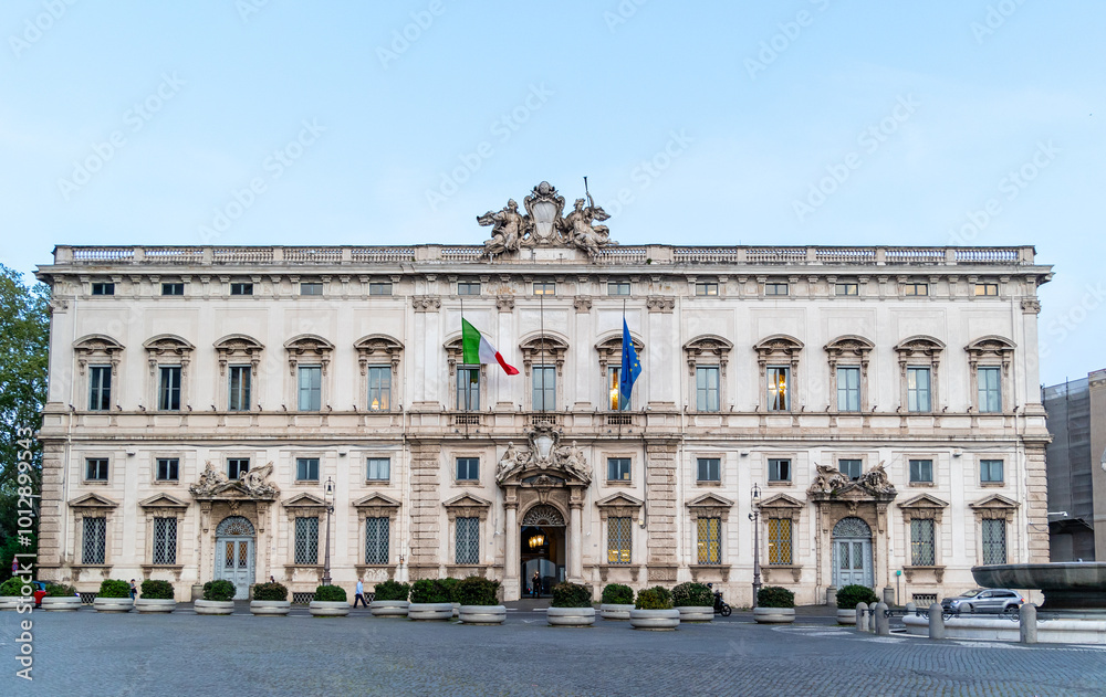 Fototapeta premium Rome, Italy - April 09, 2024: Quirinale Square, seat of the President of Italy, with tourists strolling among the archaeological remains in Rome, Italy