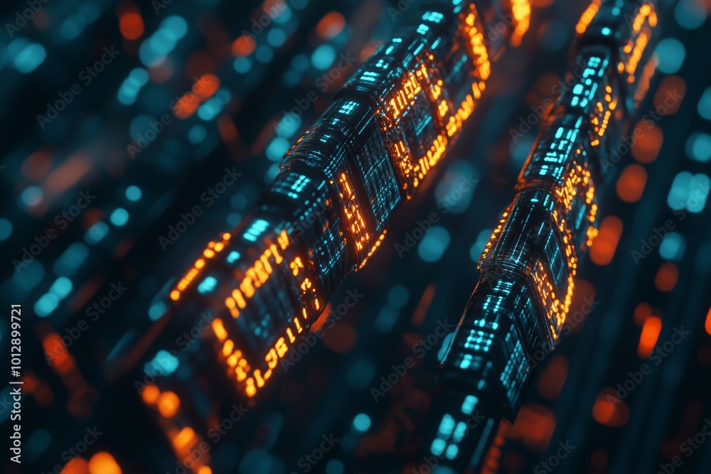 Digital blockchain concept illustrating futuristic data transfer and binary code connectivity Digital blockchain concept illustrating futuristic data transfer and binary code connectivity