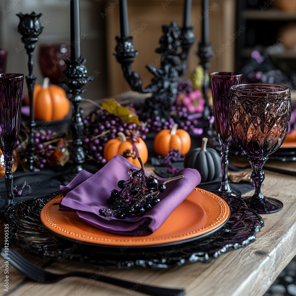 Naklejka premium Halloween dinner table elegantly set with black candles, purple napkins, and orange plates featuring small pumpkins and gothic details perfect for spooky festive gatherings and celebrations