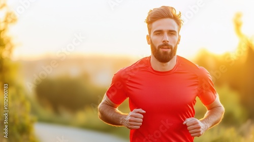 healthy concept: A determined man with a beard runs towards the sunset in a red t-shirt, his silhouette framed by the golden rays. The image conveys a sense of ambition, perseverance.