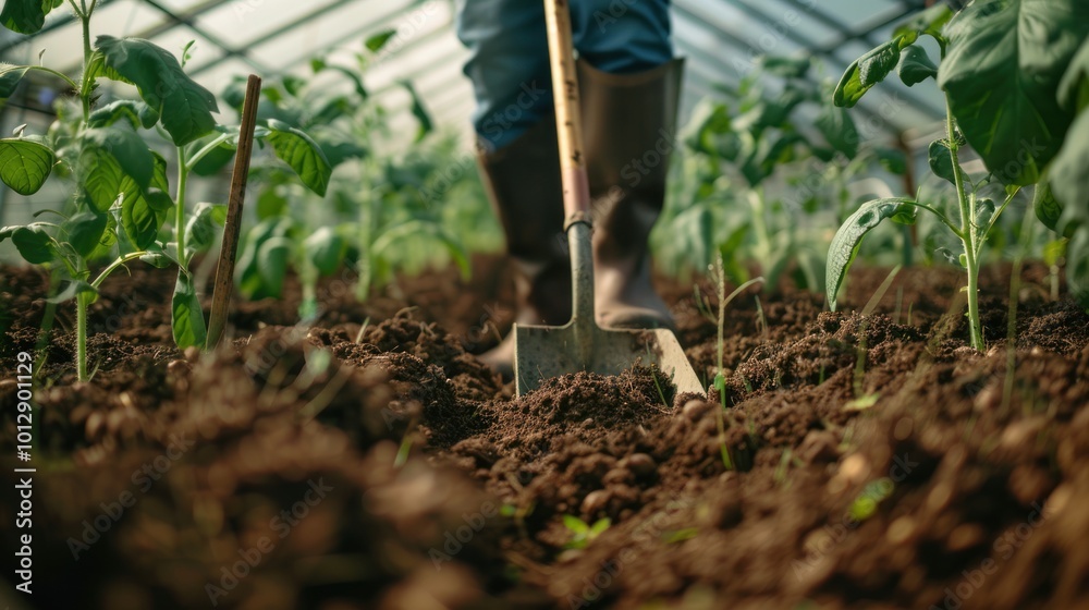 A man is working in a greenhouse, tending to the plants A man is working in a greenhouse, tending to the plants