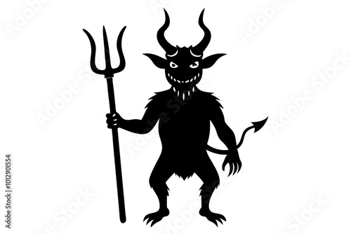 Devil with Pitchfork and Tail Silhouette Vector Illustration for Halloween Decor