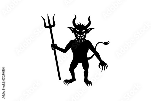 Devil with Pitchfork and Tail Silhouette Vector Illustration for Halloween Decor