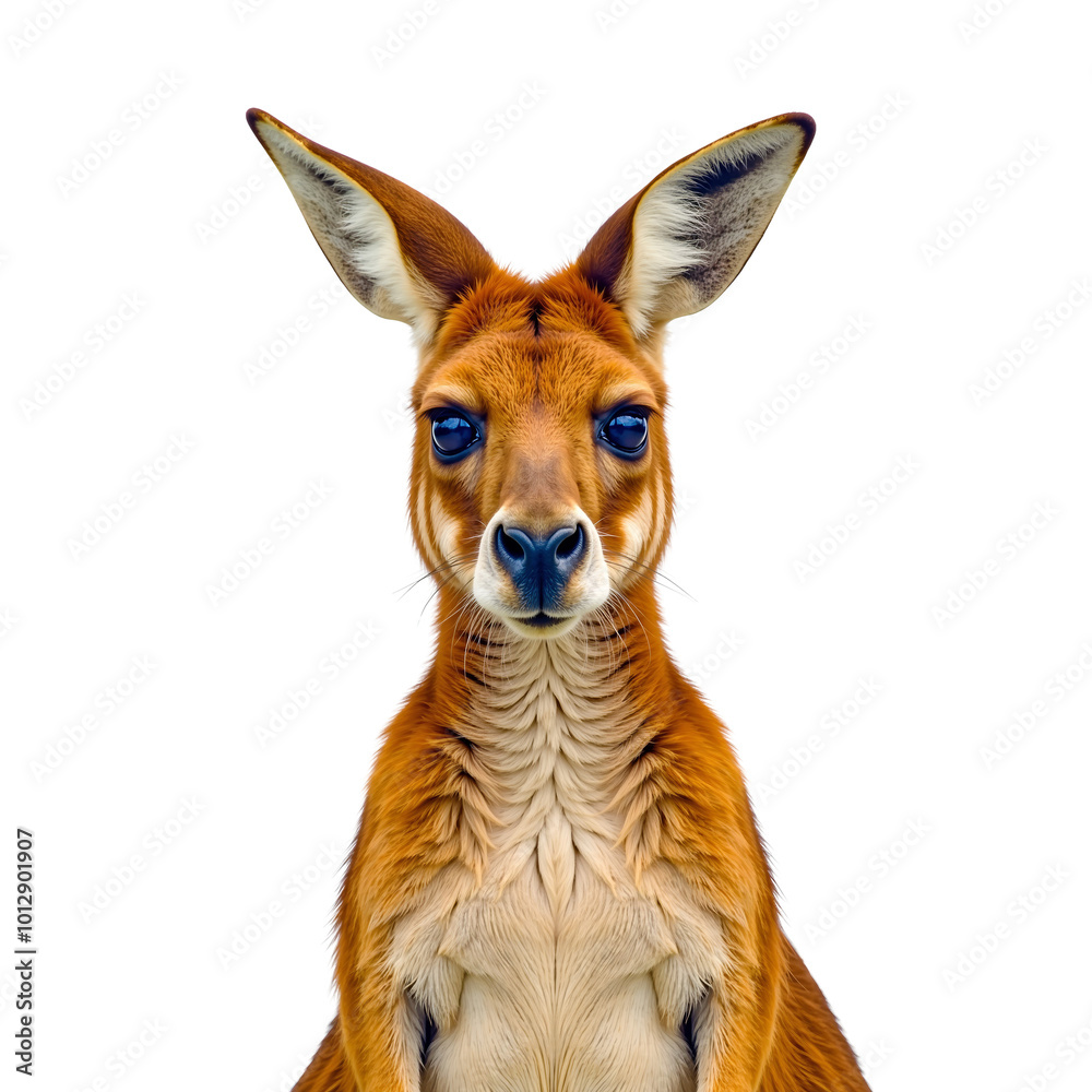 Fototapeta premium Red Kangaroo Portrait: A striking close-up of a red kangaroo, its piercing blue eyes locked on the viewer.