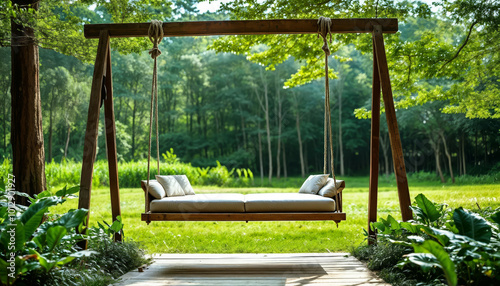 A wooden swing hanging from a tree in an environment full of trees and plants photo