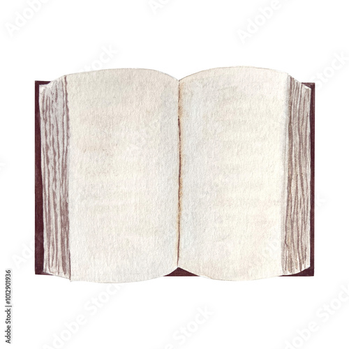 Hardcover thick open book with blank pages watercolor illustration isolated on white. Hand painted high quality illustration for bookstore, library vintage design, herbalism, learning labels, logo