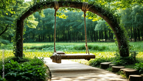 A wooden swing hanging from a tree in an environment full of trees and plants photo