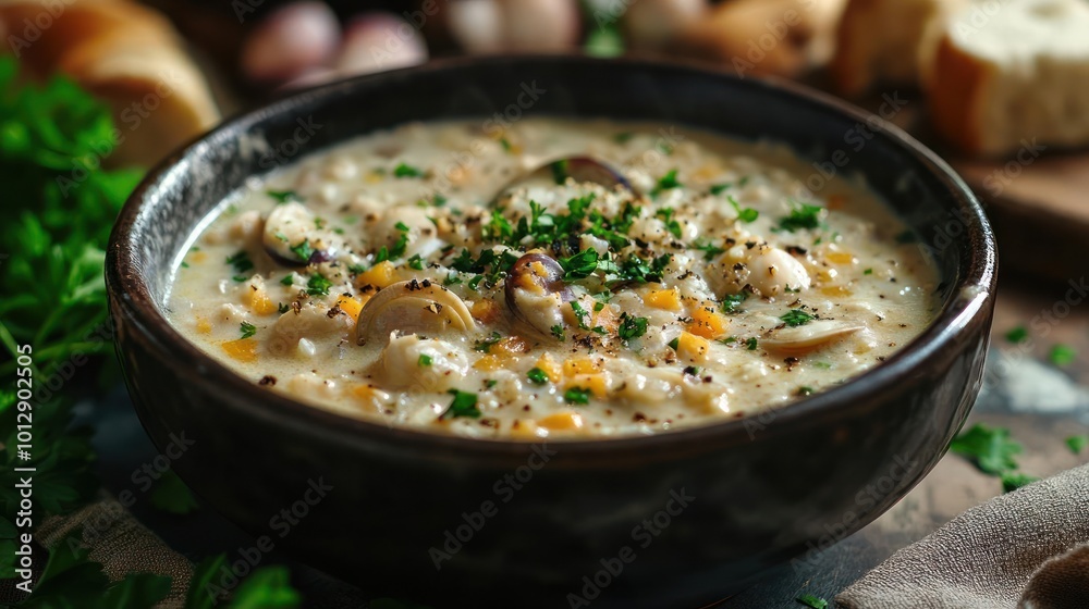 a bowl of soup on a table with bread and parsley a bowl of soup on a table with bread and parsley