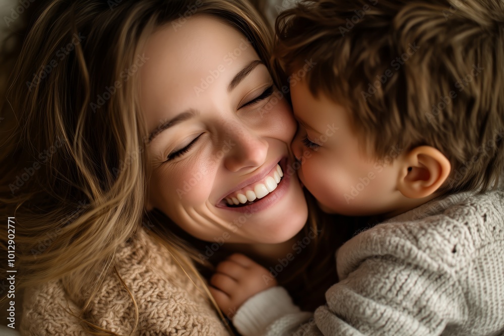 Mother enjoying playful moments with her children as her son lovingly kisses her cheek Mother enjoying playful moments with her children as her son lovingly kisses her cheek
