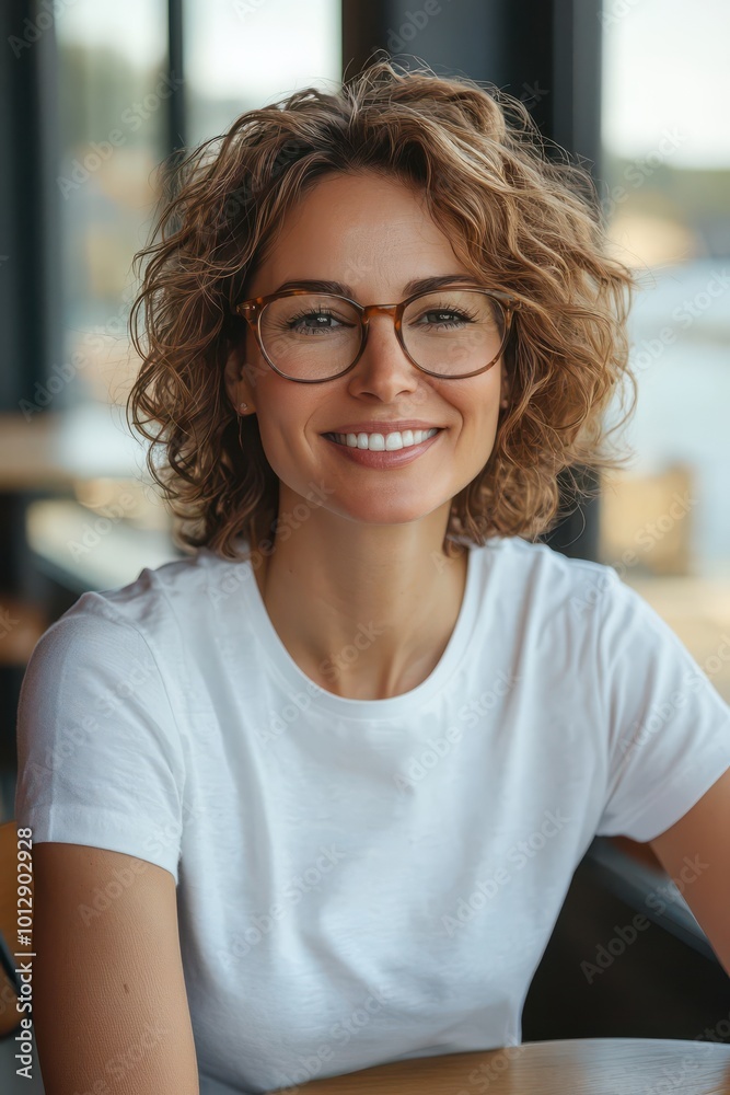 A candid photo of an attractive female professional smiling in a modern office setting with natural lighting A candid photo of an attractive female professional smiling in a modern office setting with natural lighting