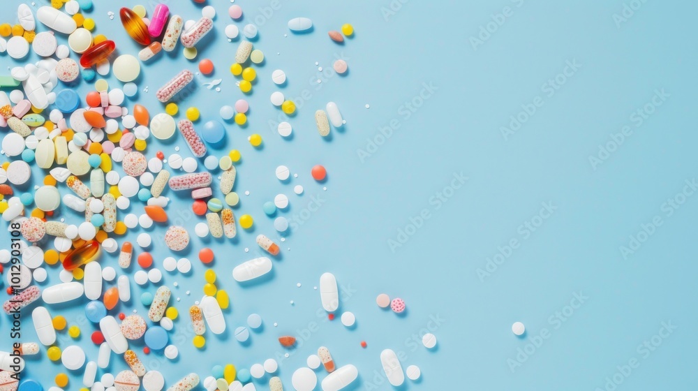 A blue background with a bunch of pills scattered all over it A blue background with a bunch of pills scattered all over it