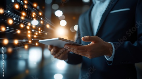 Businessman using tablet with glowing network connection.