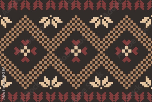 Geometric and cross stitch traditional ethnic pattern.floral pixel art embroidery. Elegance background abstract Aztec seamless pattern for fabric,cloth,dress,carpet,curtain,sarong,batik,wallpaper.