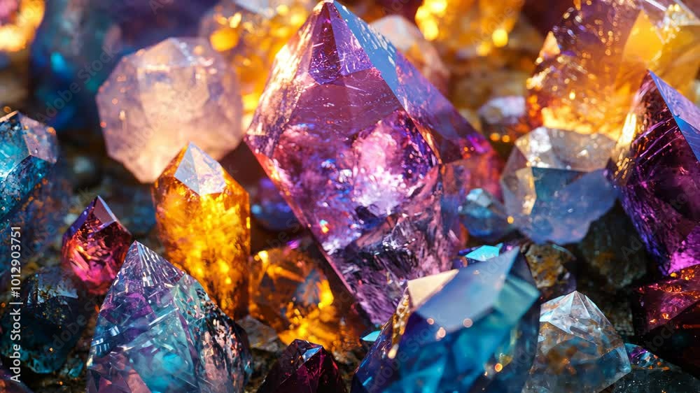 A close-up of colorful crystals, shimmering in the sunlight A close-up of colorful crystals, shimmering in the sunlight