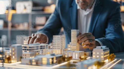 A man in a suit stands in front of a model of a building