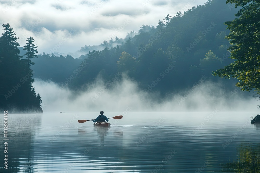 Fototapeta premium Solo Kayaker Paddling Through Misty Lake Surrounded by Forest