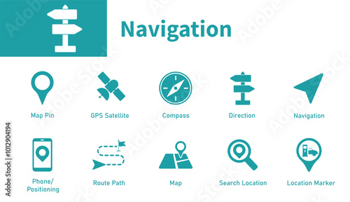 Navigation icon. Set of solid vector symbols on the theme of location, maps, GPS satellites, directions, map pin.