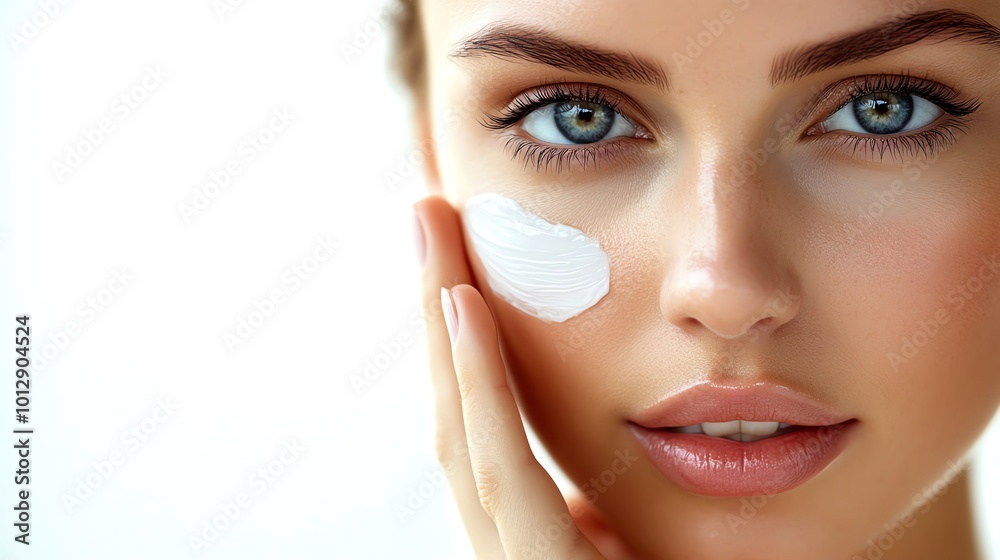 Woman applying cream on her face, white background Woman applying cream on her face, white background