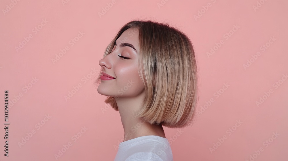 Stunning Profile Portrait of a Woman Against a Soft Pink Background Stunning Profile Portrait of a Woman Against a Soft Pink Background