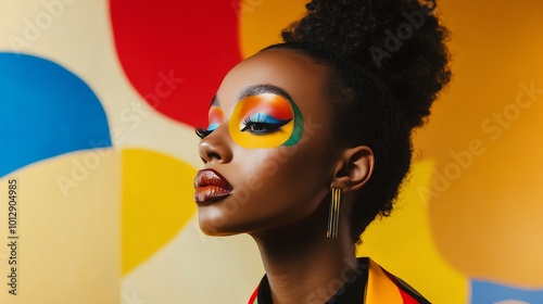 Colorful makeup on a model against vibrant backdrop photo