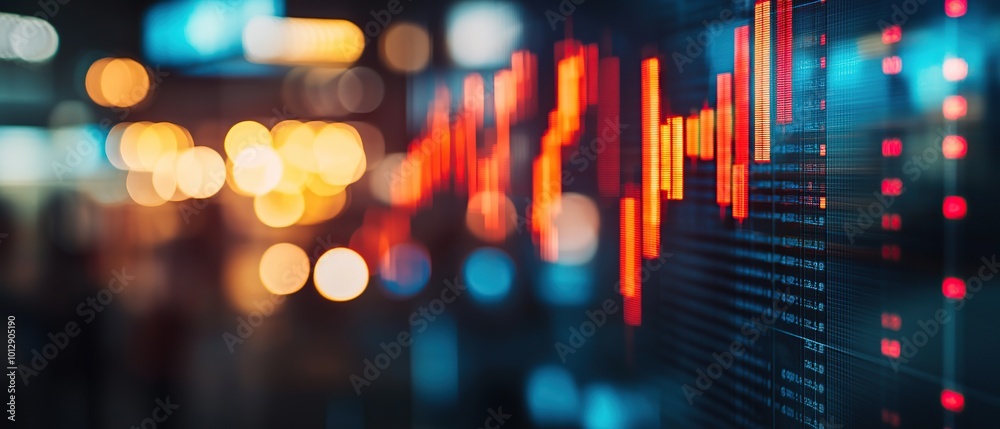 Fototapeta premium Abstract background image of a stock market ticker with red and blue light.