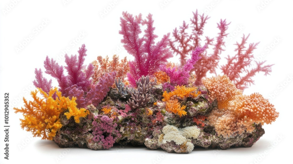 Coral reef ecosystem showcasing soft and hard corals isolated on a white background Coral reef ecosystem showcasing soft and hard corals isolated on a white background