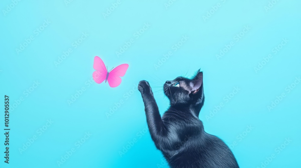 Obraz premium Cute black cat playing with a pink butterfly on a light blue background, showcasing a playful and whimsical scene.