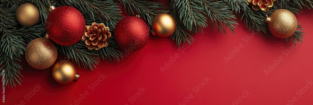pine tree branches with red and golden christmas balls and pine cone border on red background, Christmas Day, 25 december, 2024