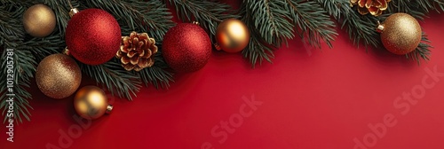 pine tree branches with red and golden christmas balls and pine cone border on red background, Christmas Day, 25 december, 2024