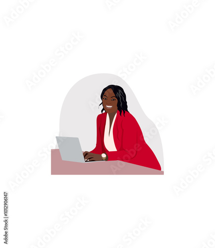 Smiling black business woman sitting at the desk with laptop. Pretty african american lady working on computer. Vector colorful illustration isolated on transparent background.