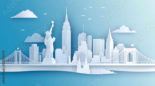 USA travel vector illustration. American city famous landmark background in paper cut art style.