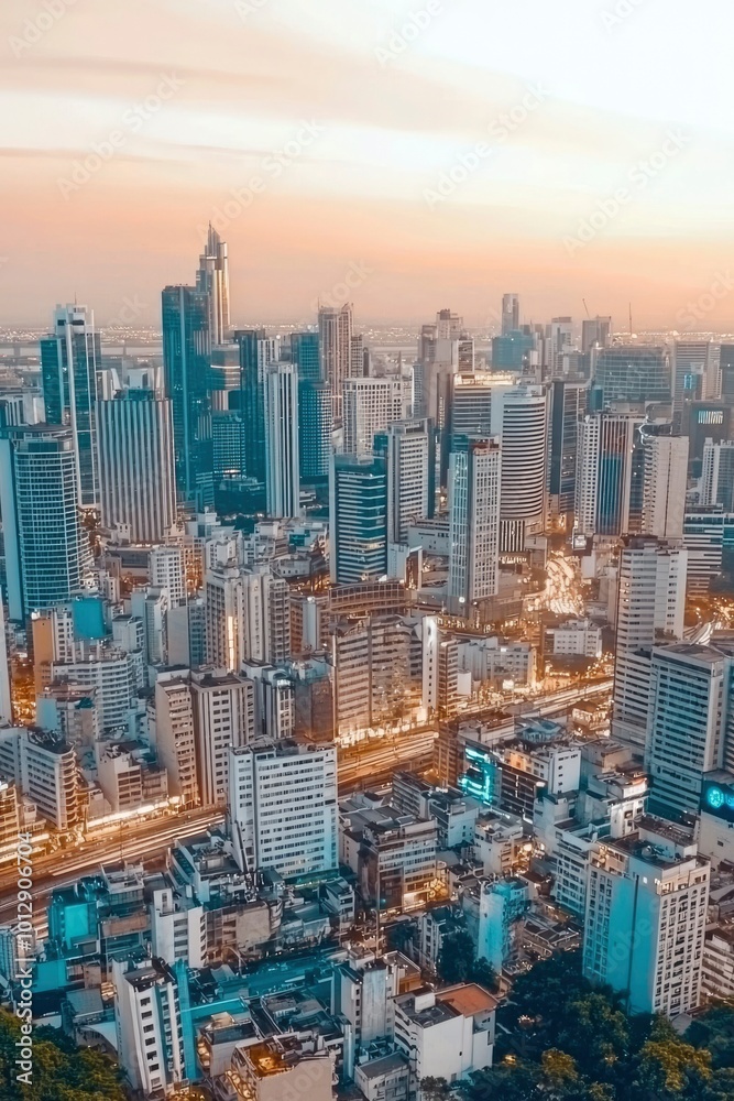 Obraz premium Aerial View of a Dense Urban Skyline at Dusk