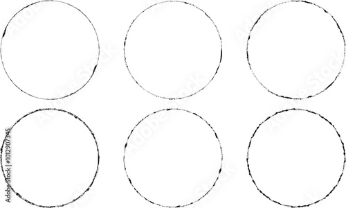 Set of vector circle border frames with rough edges . Circle frame template collection . distress texture . Grunge tiny frame borders isolated on the background . Rough edges effect . 