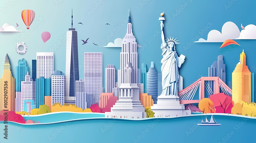 Naklejka premium USA travel vector illustration. American city famous landmark background in paper cut art style.